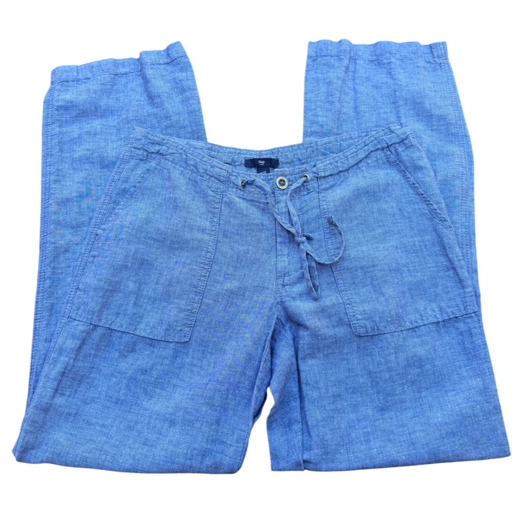 Gap Blue Linen Blend Drawstring Straight Leg Pants Womens 4R Chambray Trousers